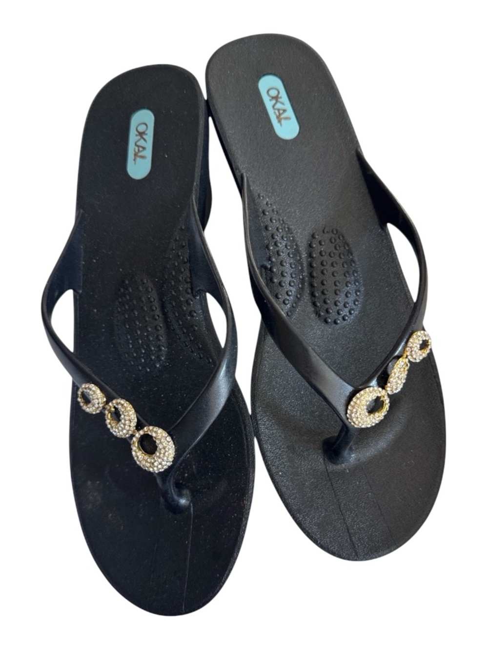 Oka-B Joy Women's Black Wedge Flip-Flop Sandals with Rhinestone Detail. Size M/L